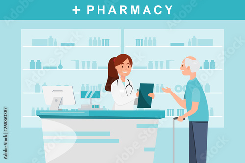 pharmacy with pharmacist and client in counter.