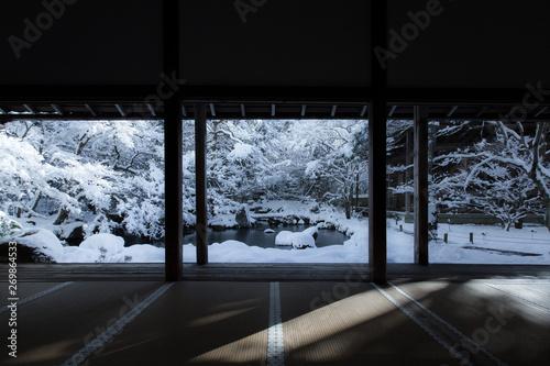 Rengeji temple garden covered with snow, Kyoto, Japan