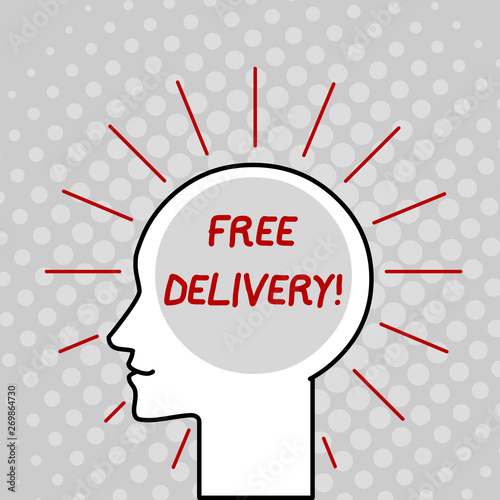 Writing note showing Free Delivery. Business concept for directly deliver to the recipient s is address without charge Outline Silhouette Human Head Surrounded by Light Rays Blank Text Space photo