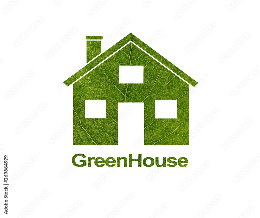 House icon on a white isolated background from a green leaf. The inscription Green House. Close-up House icon on a white isolated background from a green leaf. The inscription Green House. Close-up