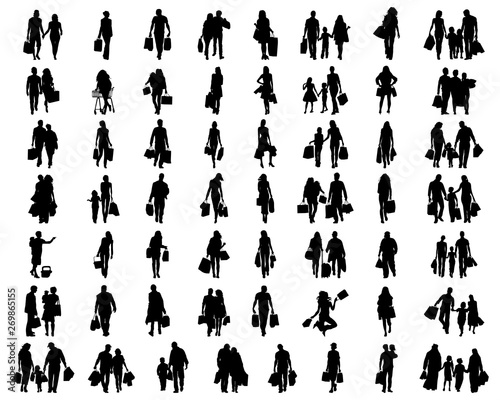 Silhouettes of people in the shopping on a white background