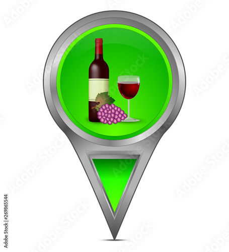 Map pointer with wine bottle, a glass of wine and grapes - illustration