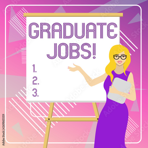 Text sign showing Graduate Jobs. Business photo showcasing require someone to hold a degree to start their career White Female in Glasses Standing by Blank Whiteboard on Stand Presentation