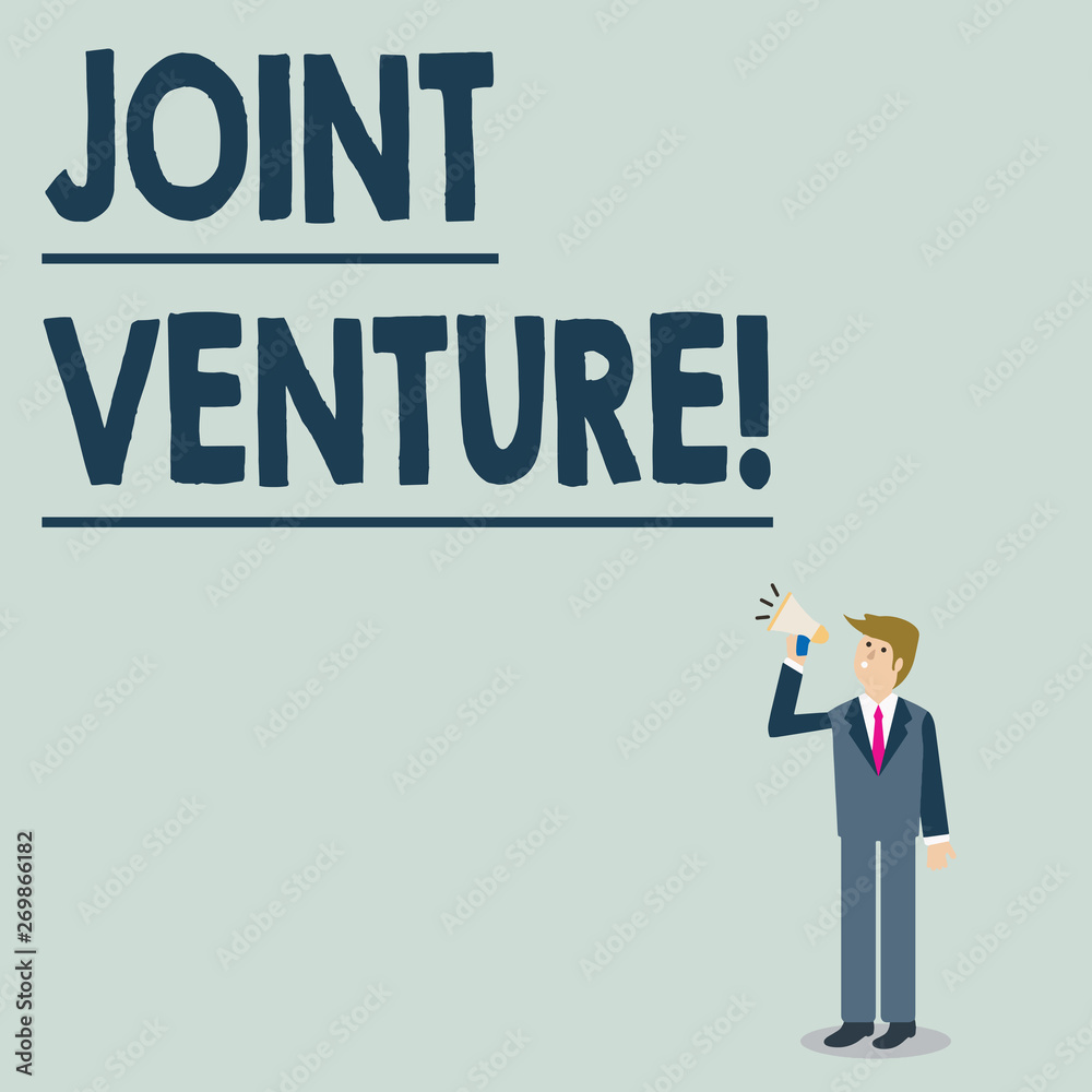 Conceptual hand writing showing Joint Venture. Concept meaning New firm formed to achieve exact objectives of a partnership Businessman Looking Up, Holding and Talking on Megaphone Conceptual hand writing showing Joint Venture. Concept meaning New firm formed to achieve exact objectives of a partnership Businessman Looking Up, Holding and Talking on Megaphone