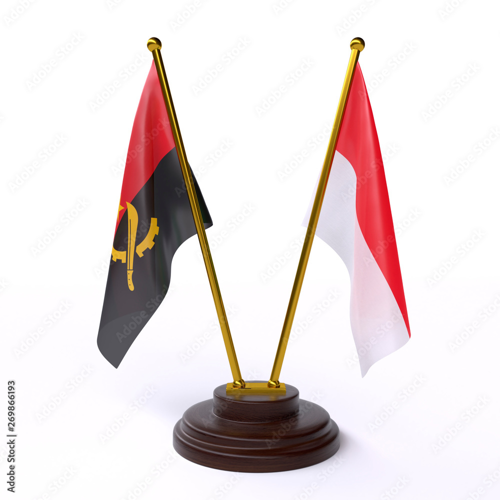 Angola and Indonesia, two table flags isolated on white background. 3d image Angola and Indonesia, two table flags isolated on white background. 3d image