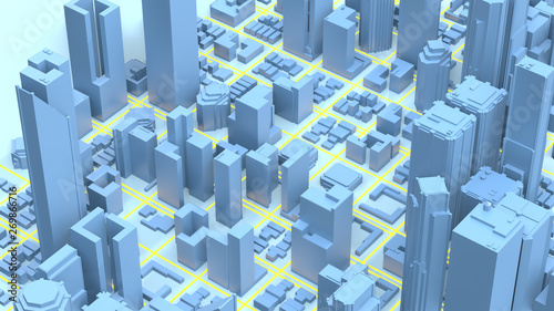 Digital 3d rendering city. Light trails symbolise data travelling in modern city.