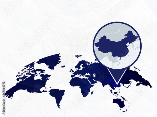China detailed map highlighted on blue rounded World Map.