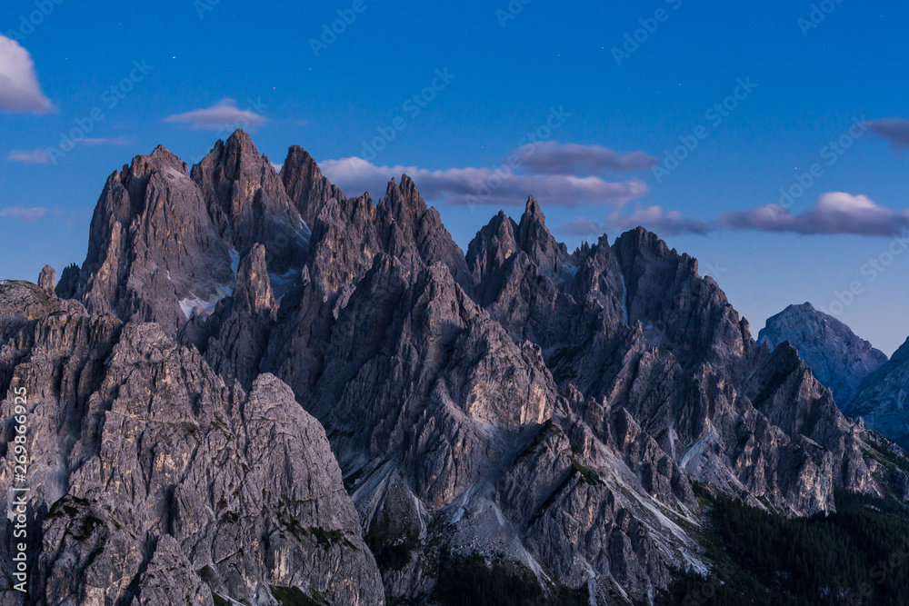 Dolomites mountain landscape view from Tre cimes Lavaredo loop trail at night