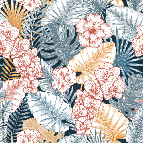 Exotic wild flowers and leaves seamless pattern. Elegant wallpaper. Tropical style. Vector illustration