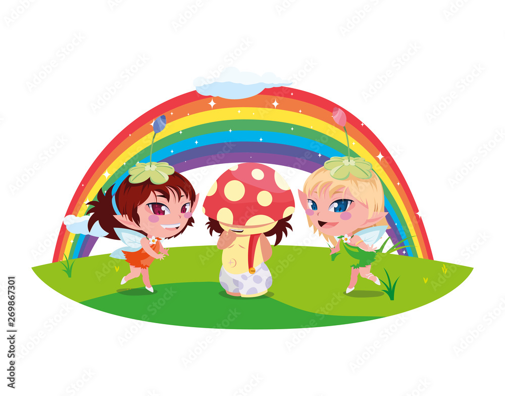 beautiful magic fairies with fungu elf and rainbow