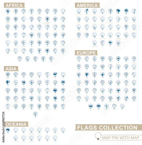 World countries detailed map collection, blue map pin with country map