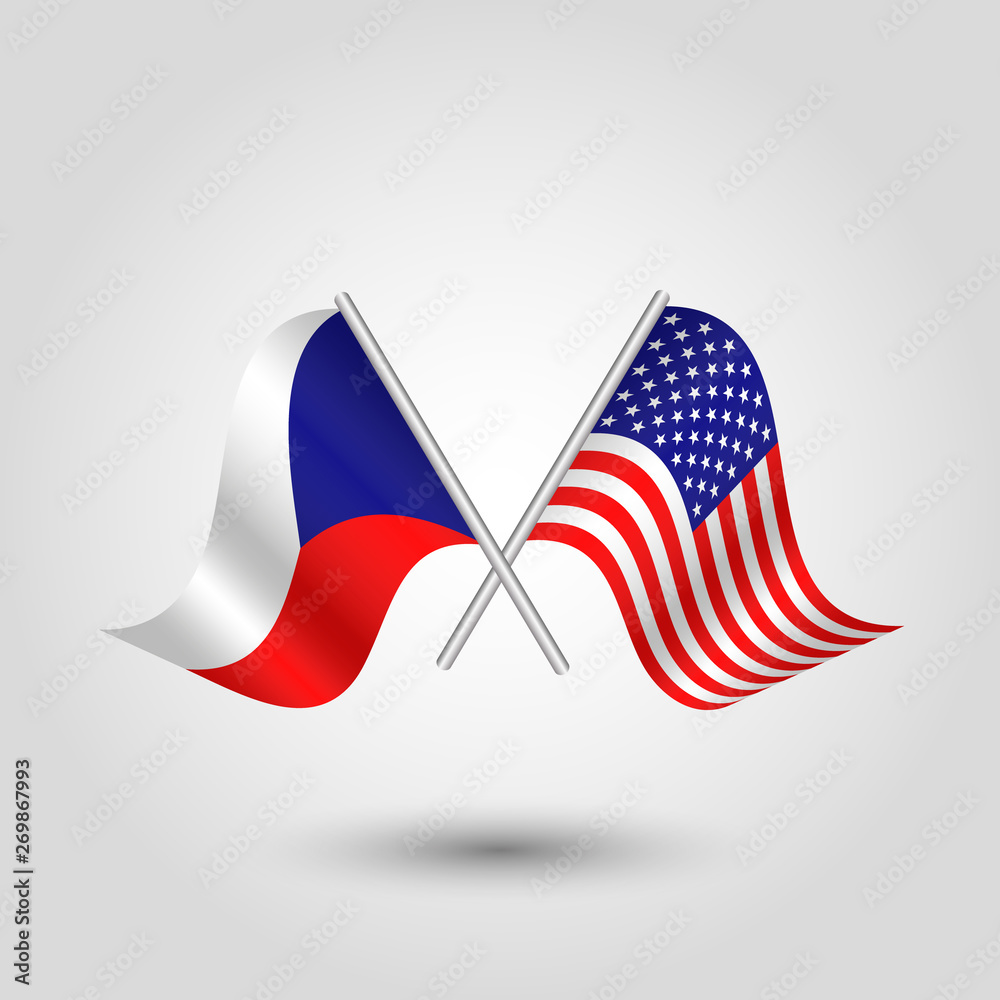 Fototapeta premium vector two crossed flags on silver sticks - symbol of united states of america and czech republic