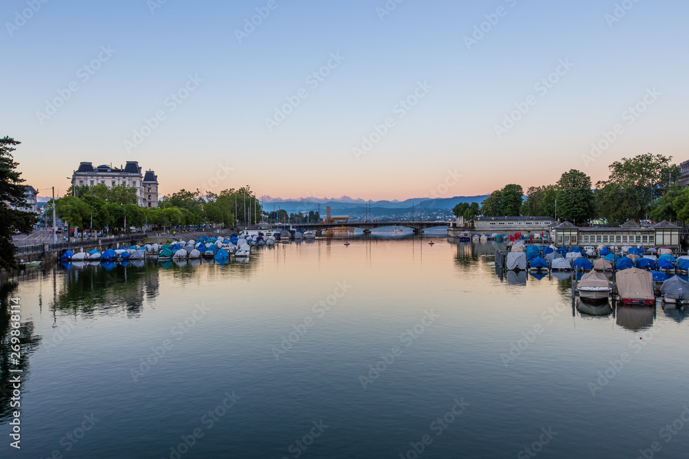 Lake Zurich with swiss apls in the morning