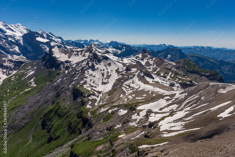 Swiss Alps mountain range from top of schilthorn, Murren, Switzerland.