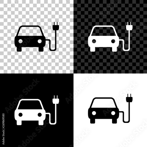 Electric car and electrical cable plug charging icon isolated on black, white and transparent background. Electric car charging sign. Renewable eco technologies. Vector Illustration