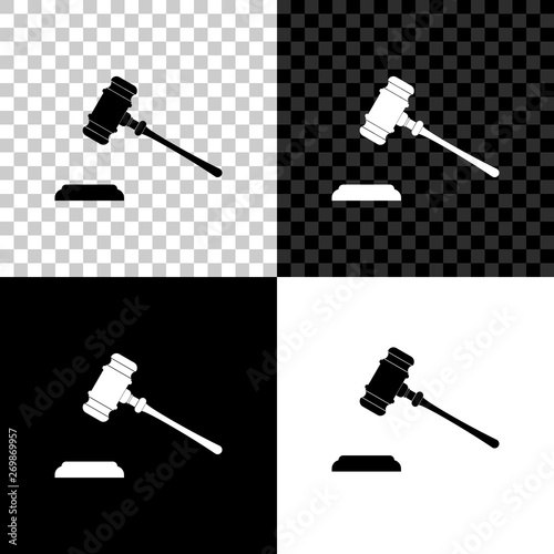 Judge gavel icon isolated on black, white and transparent background. Gavel for adjudication of sentences and bills, court, justice, with a stand. Auction hammer symbol. Vector Illustration
