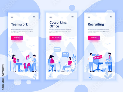 Set of onboarding screens user interface kit for Teamwork, Coworking Office, Recruiting, mobile app templates concept. Modern UX, UI screen for mobile or responsive web site. Vector illustration.