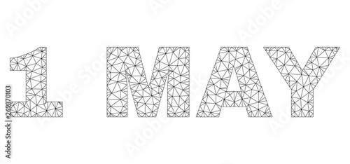 Mesh vector 1 MAY text label. Abstract lines and circle dots form 1 MAY black carcass symbols. Wire carcass flat polygonal mesh in vector format.