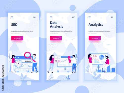 Set of onboarding screens user interface kit for SEO, Data Analysis, Analytics, mobile app templates concept. Modern UX, UI screen for mobile or responsive web site. Vector illustration.