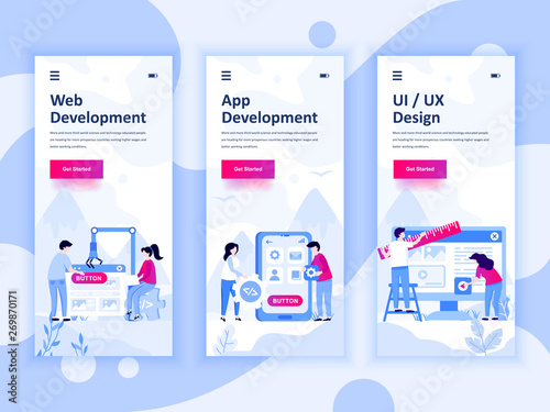Set of onboarding screens user interface kit for Web and App Development, UI Design, mobile app templates concept. Modern UX, UI screen for mobile or responsive web site. Vector illustration.