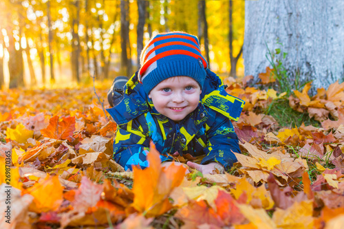 cheerful boy on a walk lies in the autumn leaves