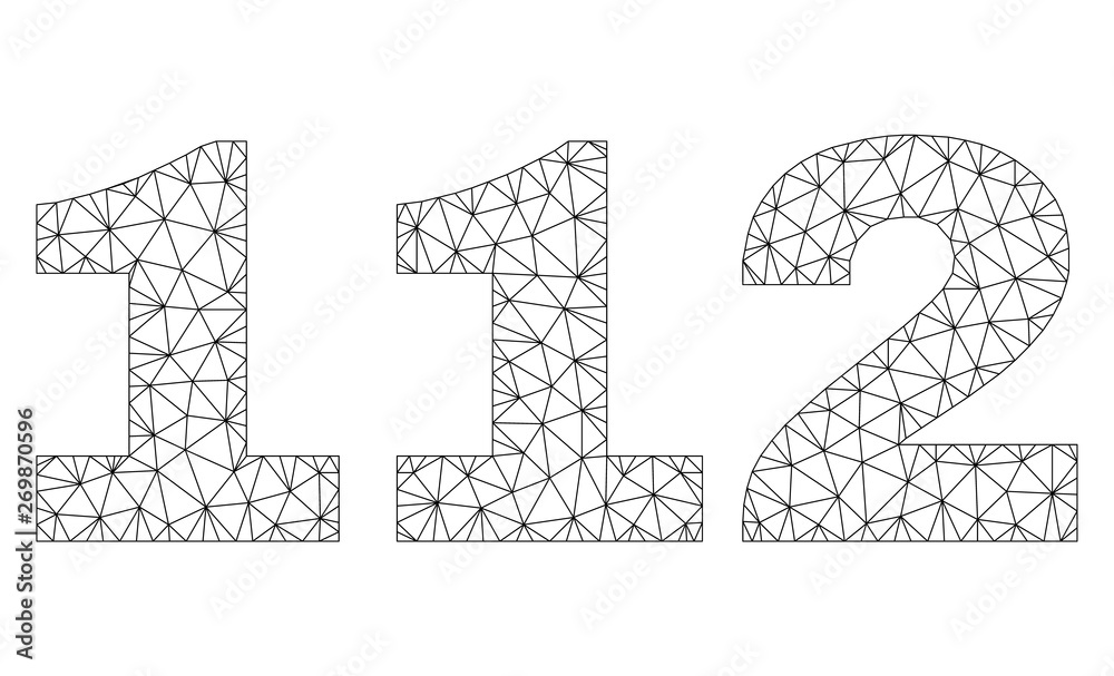 Mesh vector 112 text. Abstract lines and circle dots form 112 black carcass symbols. Wire carcass 2D triangular mesh in vector EPS format.