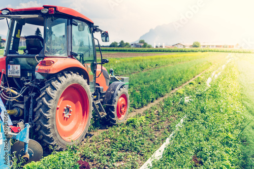 Cut out of tractor cultivating field in spring, agriculture
