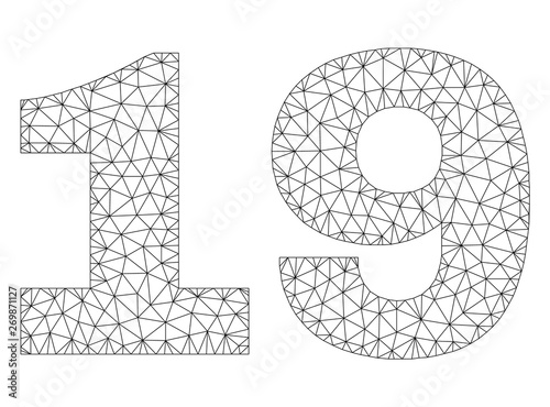 Mesh vector 19 text. Abstract lines and dots are organized into 19 black carcass symbols. Linear carcass 2D triangular mesh in eps vector format.