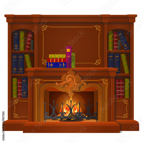 Vintage books lie on the mantel in vintage style isolated on white background. Vector cartoon close-up illustration.