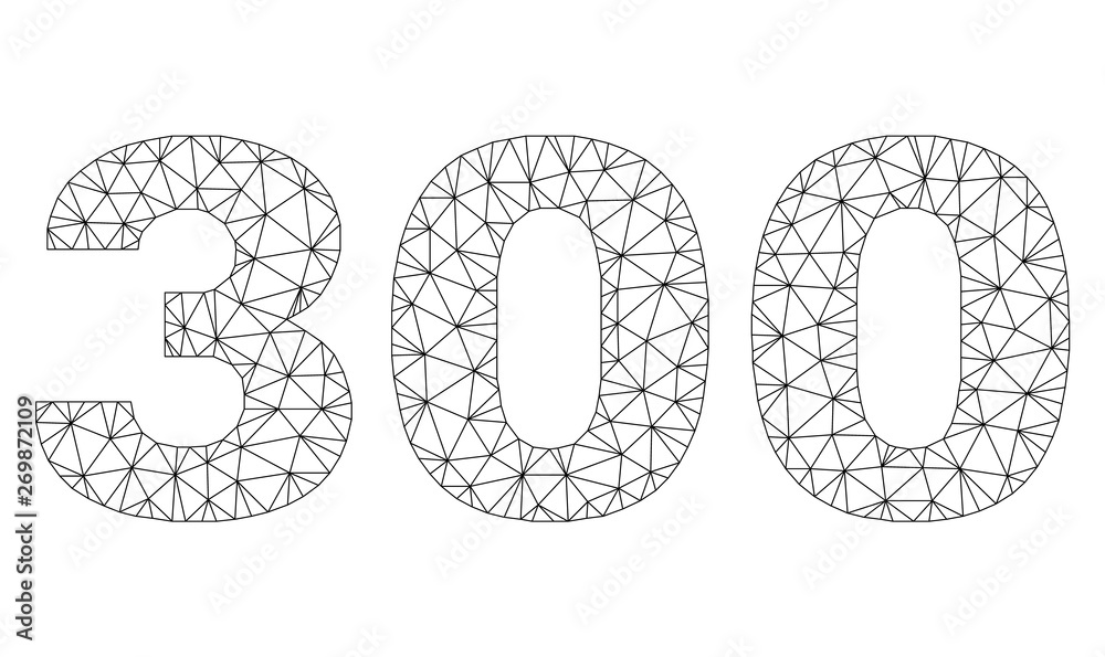 Mesh vector 300 text label. Abstract lines and small circles form 300 black carcass symbols. Linear carcass 2D triangular mesh in eps vector format. - obrazy, fototapety, plakaty 