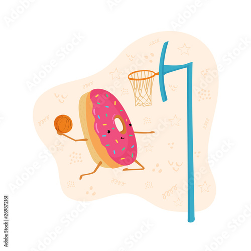 A fun illustration of a donut playing basketball. Donut puts the ball in the basketball basket. Cute poster with pink donut for poster, postcard, clothes, flyers. Vector