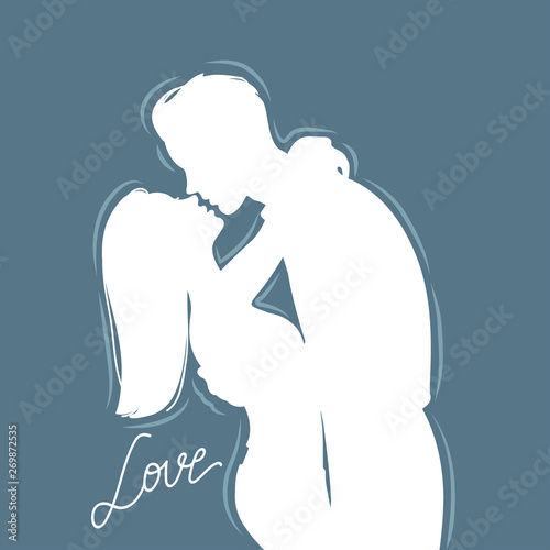 Silhouette of passionate young couple kissing isolated on dark blue background : Vector Illustration