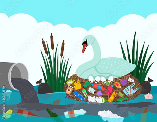 Ecological disaster of plastic waste in the river. Swan hatching eggs in a nest full of plastic garbage on the background of a polluted river or lake.