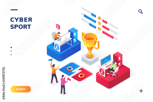 Cybersport arena with gamers, isometric view. Online game tournament in player vs player format. Fans at cyber sport competition, winner cup. E-sport web landing page for smartphone. Competition
