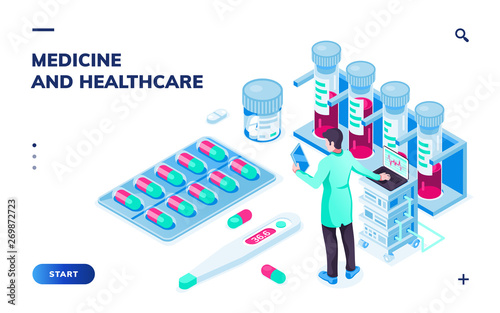 Isometric view on doctor with tablet or pharmacist near pills doing online order. 3d Medical or medicine laboratory, lab with staff. Smartphone application for pharmacy,healthcare service, drug store