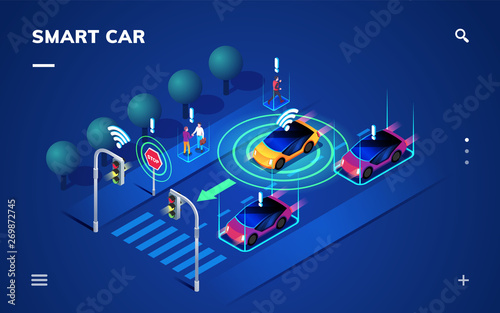 Driverless or self driving car at road. Futuristic autonomous vehicle remote sensing system. Isometric view on smart auto near traffic light, 3d transport with wireless signal.Autopilot and navigation
