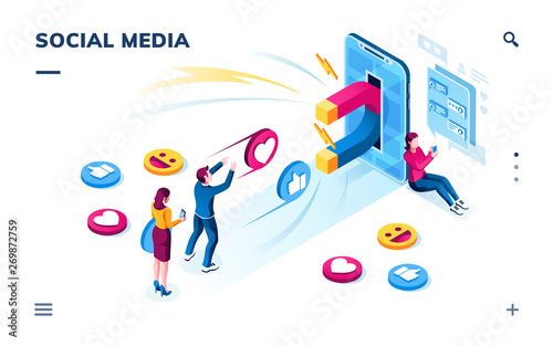Isometric view on smartphone with magnet attracting social media followers or users. People commenting online, sharing and liking posts. Digital marketing and online influence. Smartphone screen, page