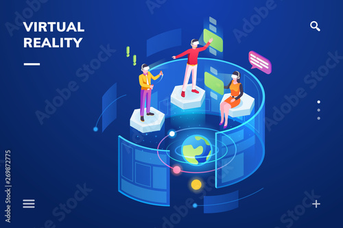 3d isometric room with people using virtual reality or immersive technology gadget. Man and woman using head-mounted VR with hologram. Cyber training and innovation. Smartphone screen, landing page