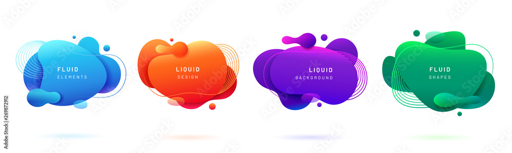 Set of isolated blue and red fluid blobs, gradient green and violet liquid spots. Abstract 3d brush spats for poster design or flyer background, banner template. Geometric shapes with dynamic colors - obrazy, fototapety, plakaty 