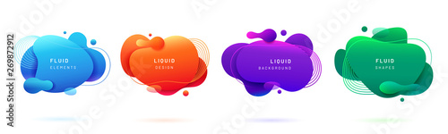Set of isolated blue and red fluid blobs, gradient green and violet liquid spots. Abstract 3d brush spats for poster design or flyer background, banner template. Geometric shapes with dynamic colors