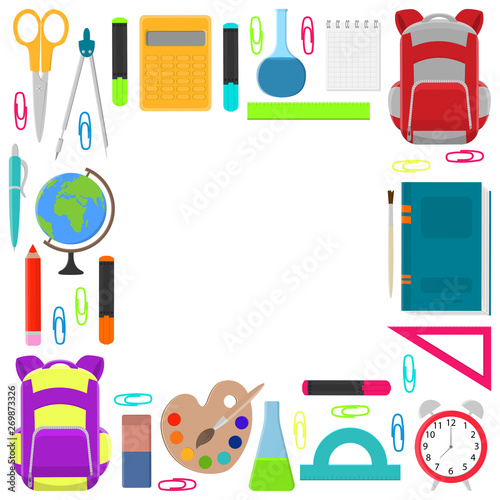 School supplies square frame on white background. Back to school. Vector illustration.