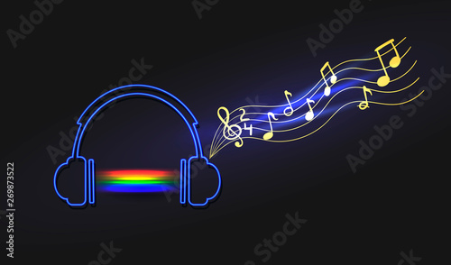 Vector Neon Abstract Rainbow Music Sound Light and Headphones with Notes, Isolated Illustration.