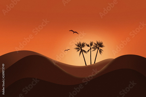 Beautiful sunset and silhouette of desert landscape with glowing sky and Palm tree 