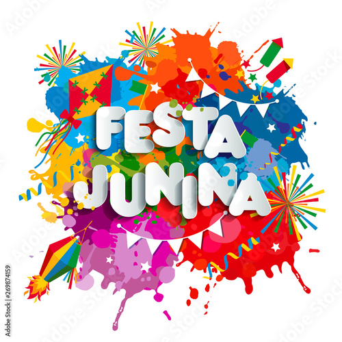 Festa Junina village festival in Latin America. Lettering illustration on bright blots.