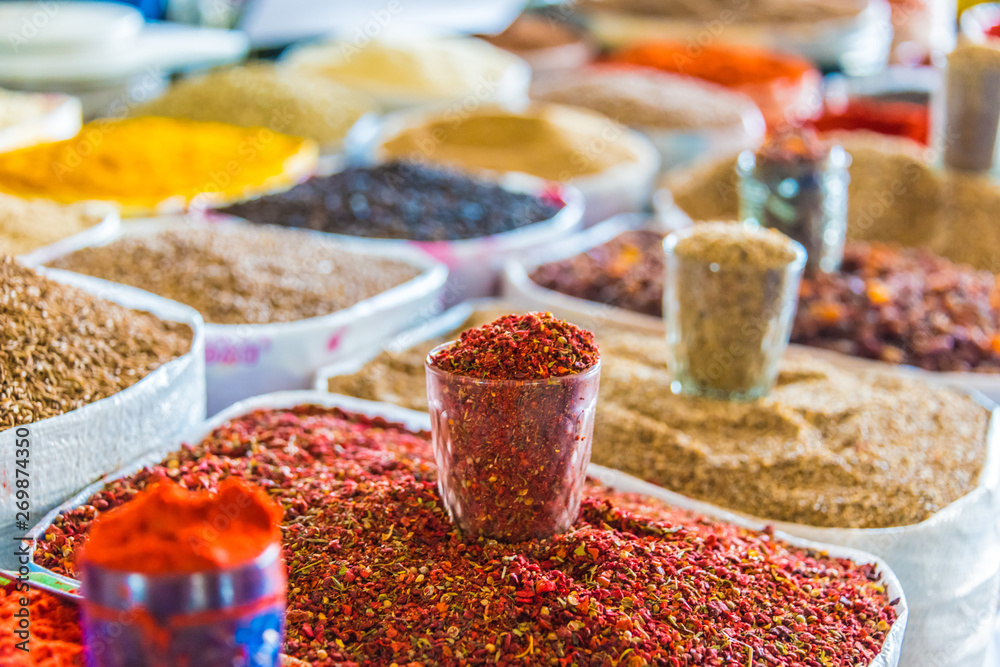 Spices and dried products sold at the Chorsu Bazaar in Tashkent