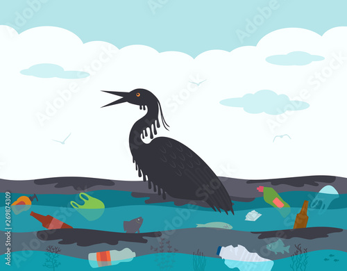 Ecological disaster in the ocean, oil leakage from the tanker. The dying bird, the victim of the accident on the background of a polluted ocean with plastic trash and oil.
