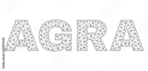 Mesh vector AGRA text. Abstract lines and circle dots form AGRA black carcass symbols. Wire carcass 2D polygonal mesh in vector EPS format.