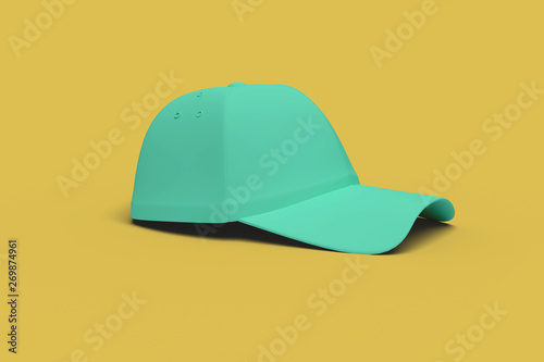 Green baseball hat on a yellow background abstract image. Minimal concept sport business. 3D render.