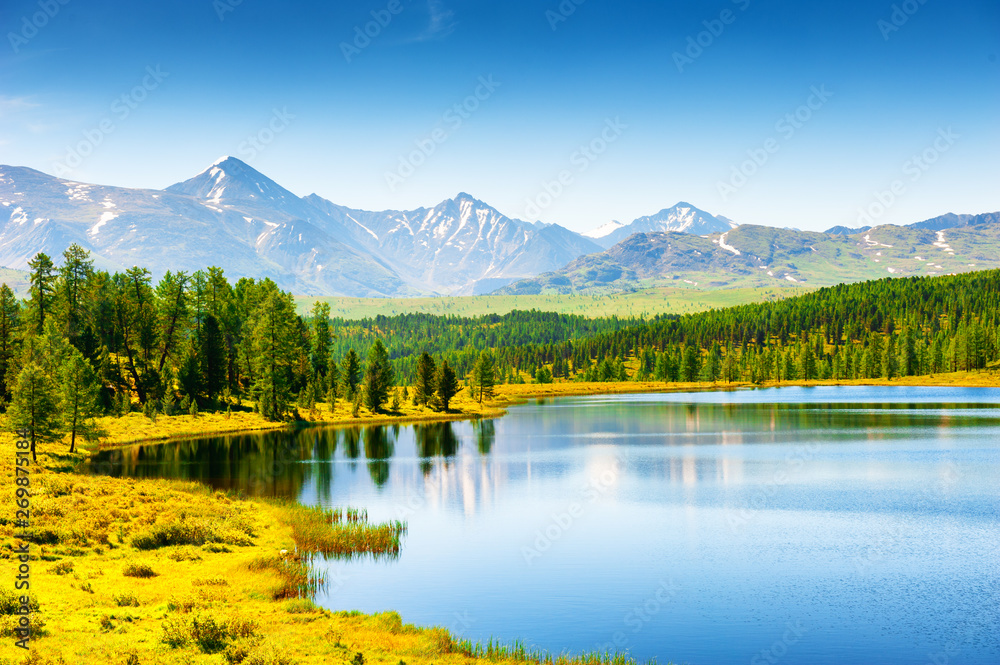 Kidelu lake in Altai mountains, Siberia, Russia. Beautiful summer landscape. Famous travel destination