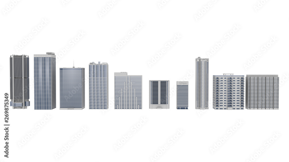 High-rise Buildings 3D Rendering over White Background
